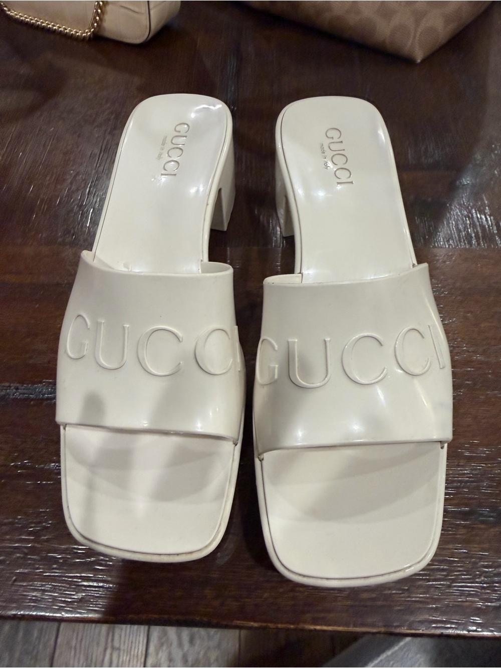 Gucci Cream Embossed Logo Slide Mules